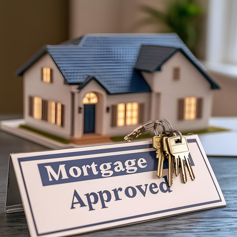 A sign that reads "Mortgage Approved," representing the successful approval for first-time home buyers on their journey