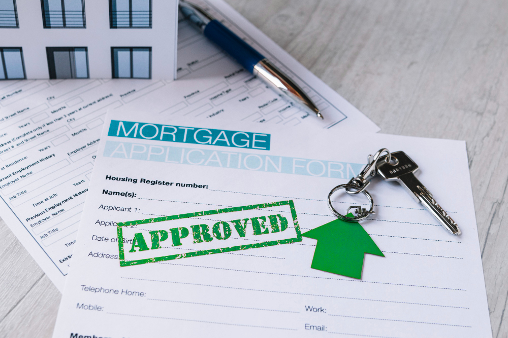 Mortgage application form alongside a key and a house, symbolizing the process of mortgage pre-approval